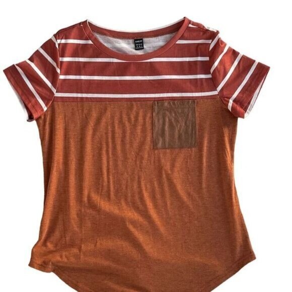 SHEIN Women's Striped T-Shirt Faux Suede Pocket Multicolor Size M Short Sleeve - Picture 3 of 5
